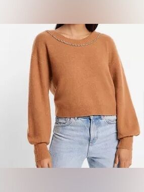 Express Camel Rhinestone Bow Sweater NWOT Size M Embellished Knit